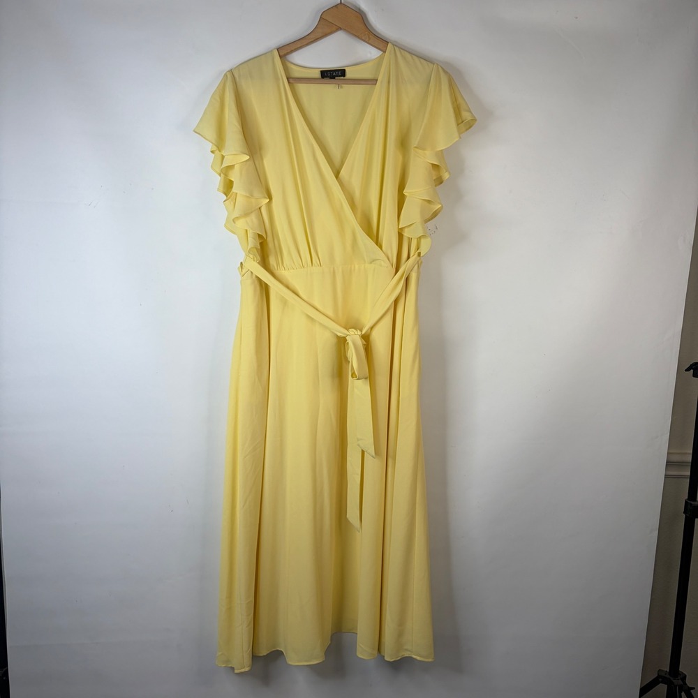 1.STATE Faux Wrap Dress Womens 20W Yellow Ruffle Sleeve Midi V-Neck Belted
